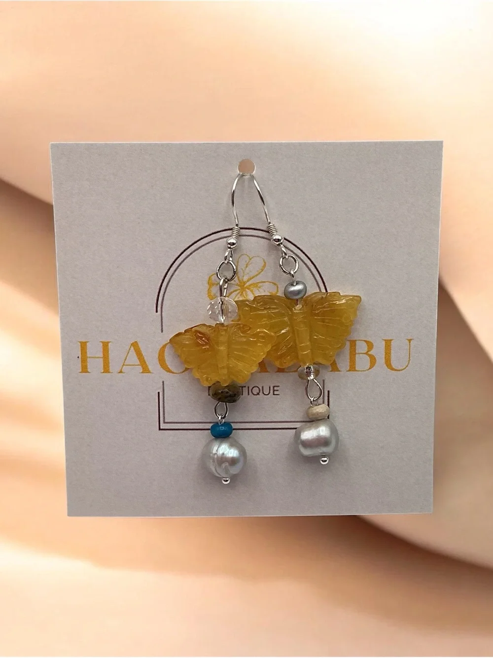 Yellow Amber Butterfly Pearl Drop Earrings